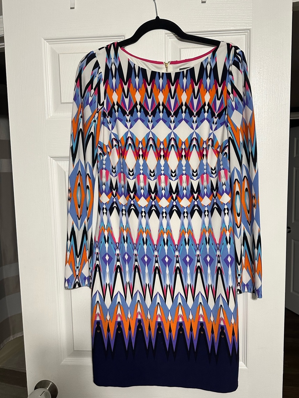 Vince Camuto Long-Sleeve Geometric Shift Dress in Navy, Orange, Lavender, Black